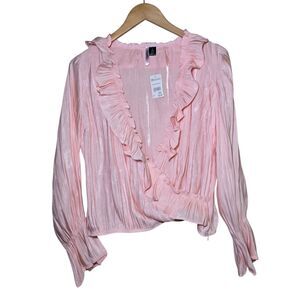 Love by Design Women's Large Pink Ruffle V-Neck Long Sleeve Blouse New